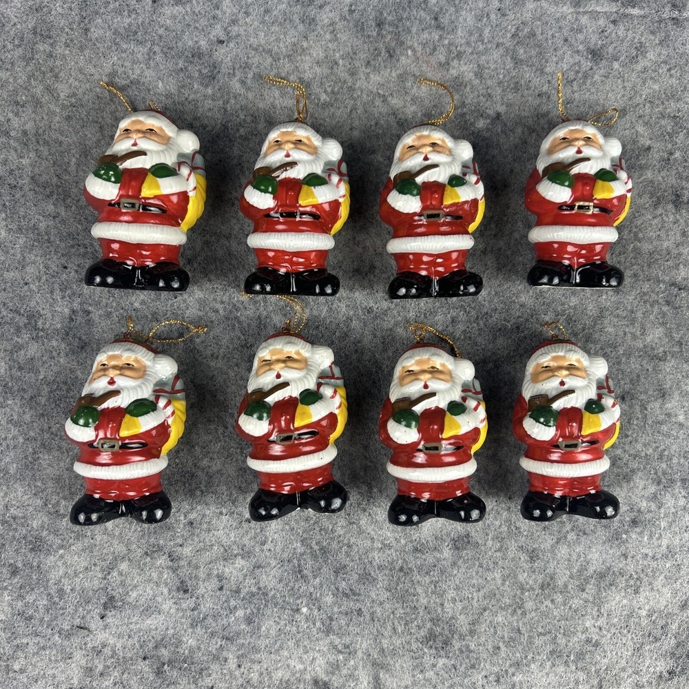 Lot of 8 Vintage Christmas Ornament Santa Claus Red White Ceramic Tree Decor